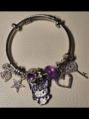 Purple Charm Bracelet with Heart, Key & Bow Charms